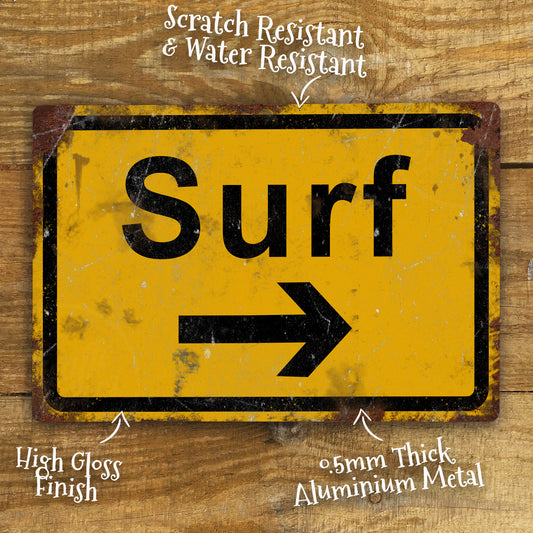 Vintage Surfing Metal Sign: Retro Man Cave Surf Shack Decor, Funny Surfers Art Road Sign