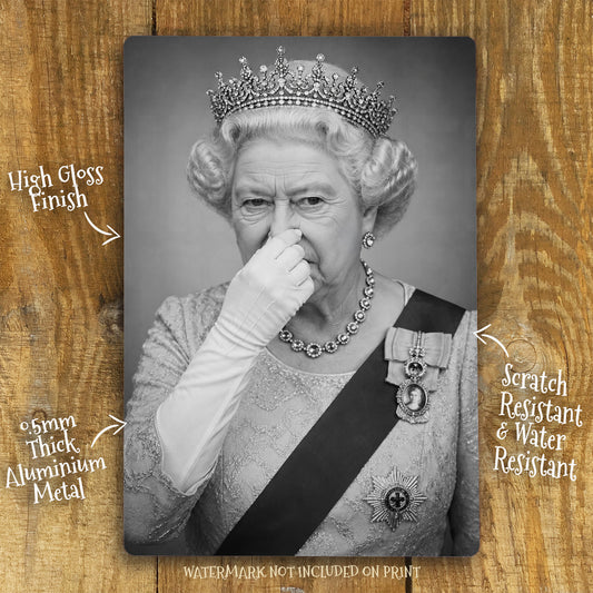 Funny Queen Metal Sign Toilet WC Wall Art – Cheeky Royal Portrait Print on Aluminium, Waterproof Gloss Finish, Unique Humour Decor Gift