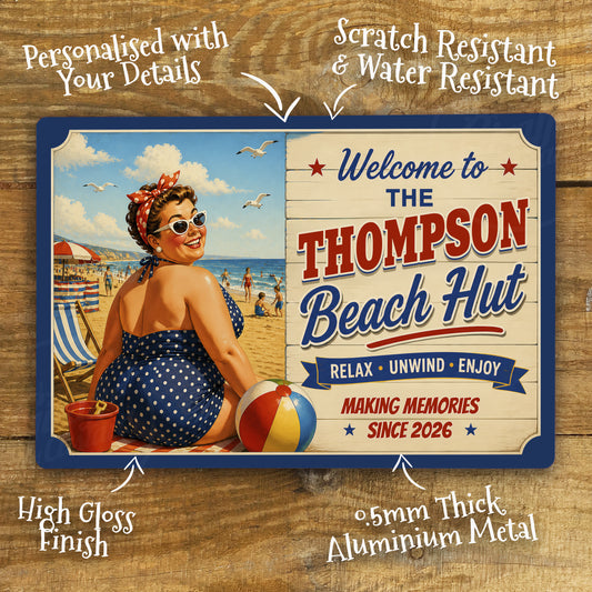 Personalised Beach Hut Metal Sign – Vintage Seaside Wall Art, Custom Family Name Sign, Retro Coastal Decor Aluminium Plaque