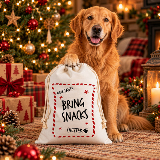 Personalised Dog Christmas Santa Sack – Bring Snacks