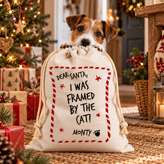 Personalised Dog Christmas Santa Sack – I Was Framed by the Cat