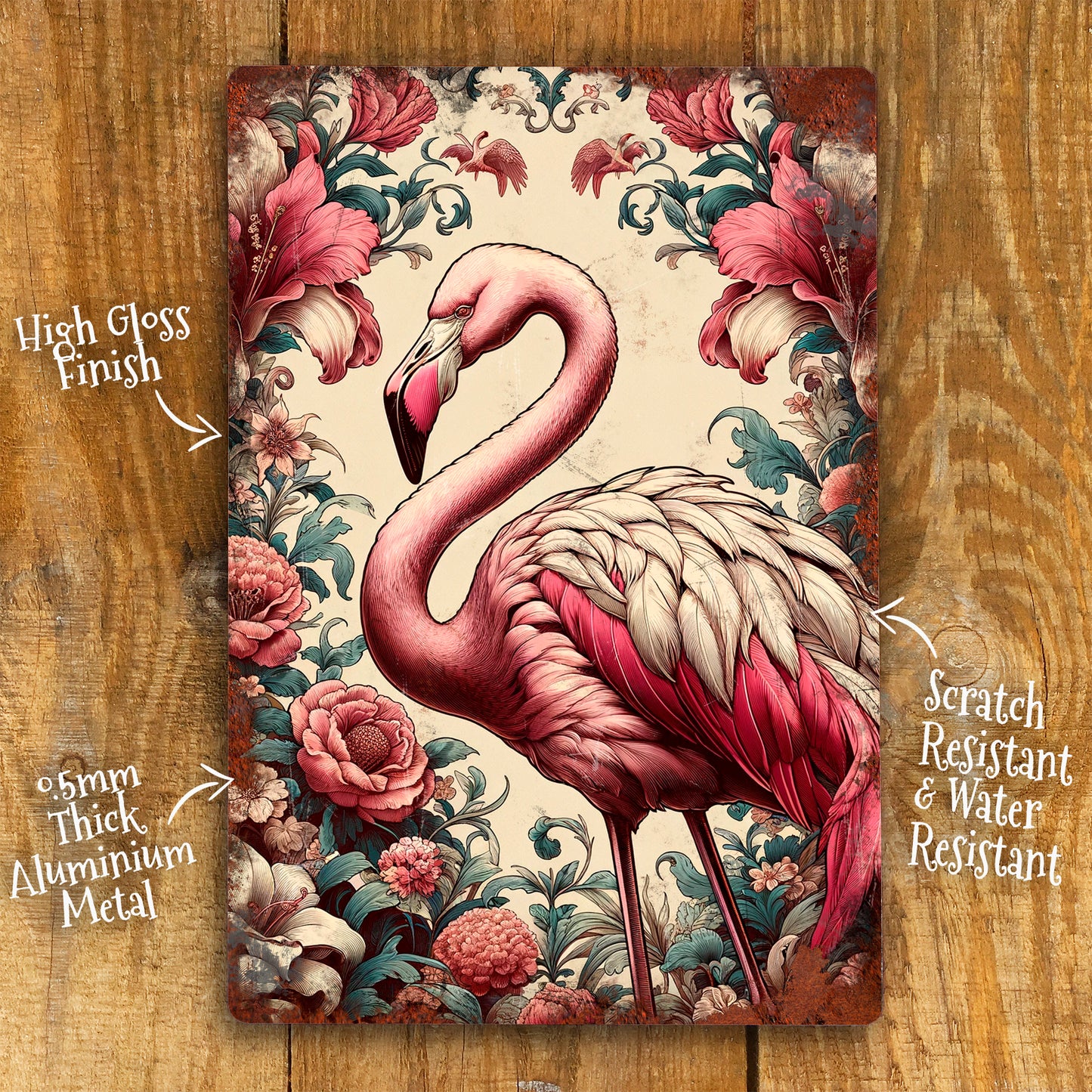 Pink Flamingo Vintage Metal Wall Art Sign Details