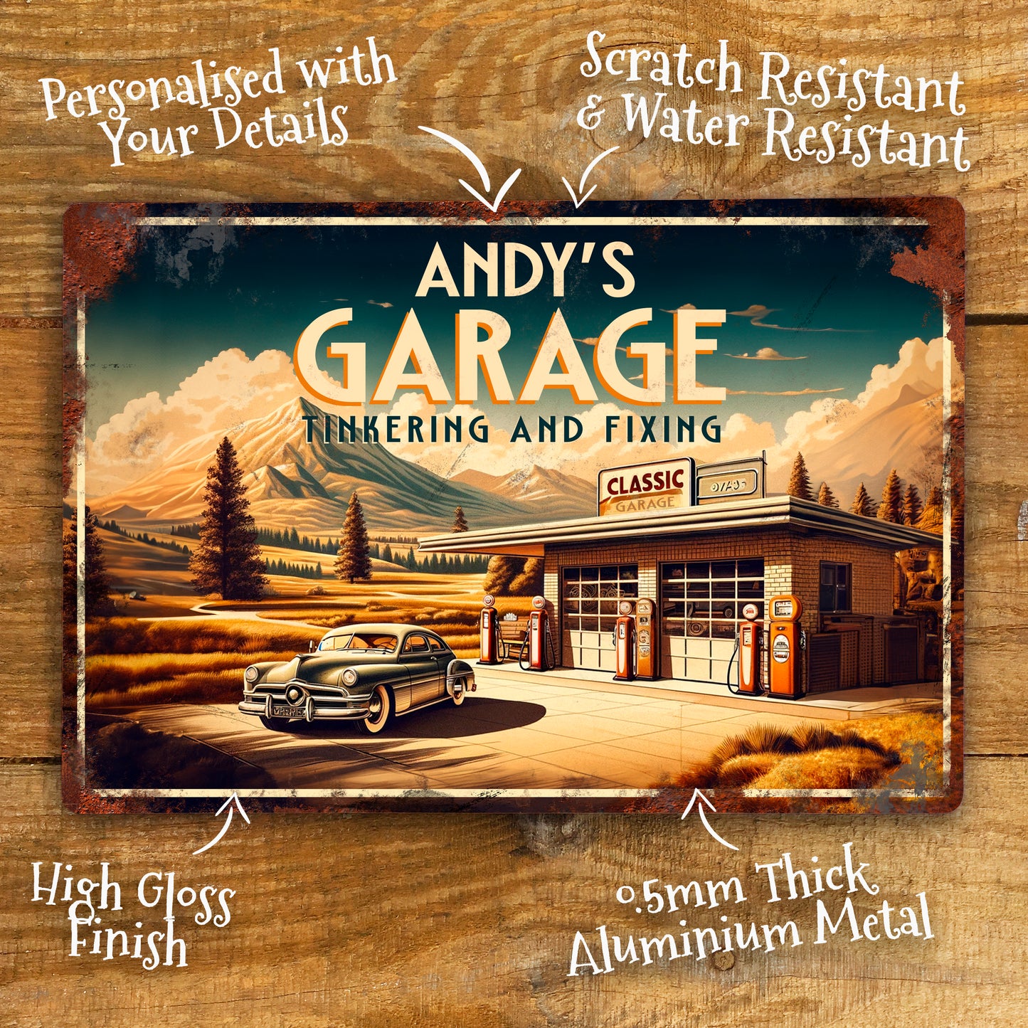Personalised Retro Garage Art Deco Metal Sign - Vintage Mechanics Gift 200x305mm