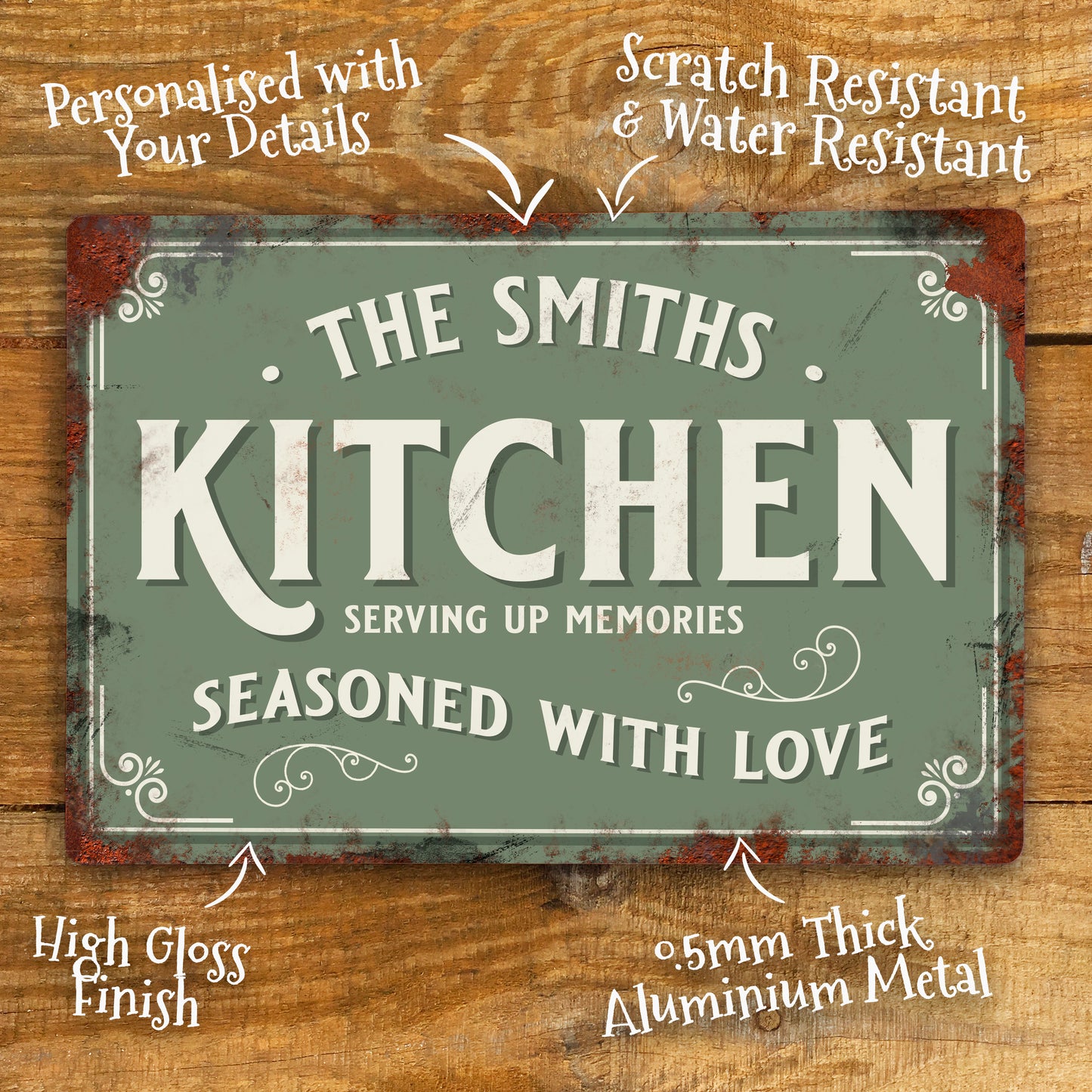 personalised kitchen sign green vintage sign details