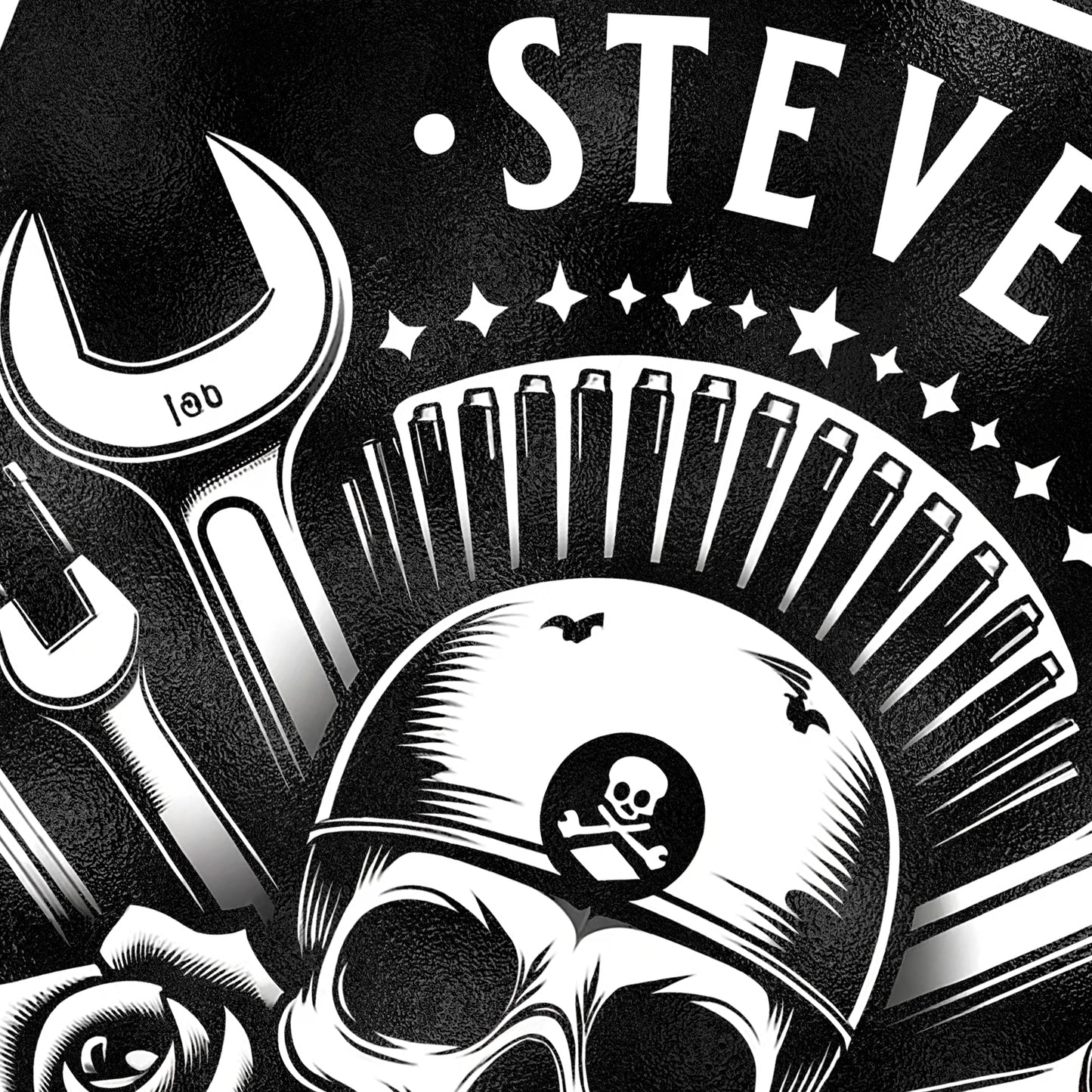 Personalised Motorcycle Workshop Metal Sign depicting skull and crossbones style graphic with mechanics tools Close 1