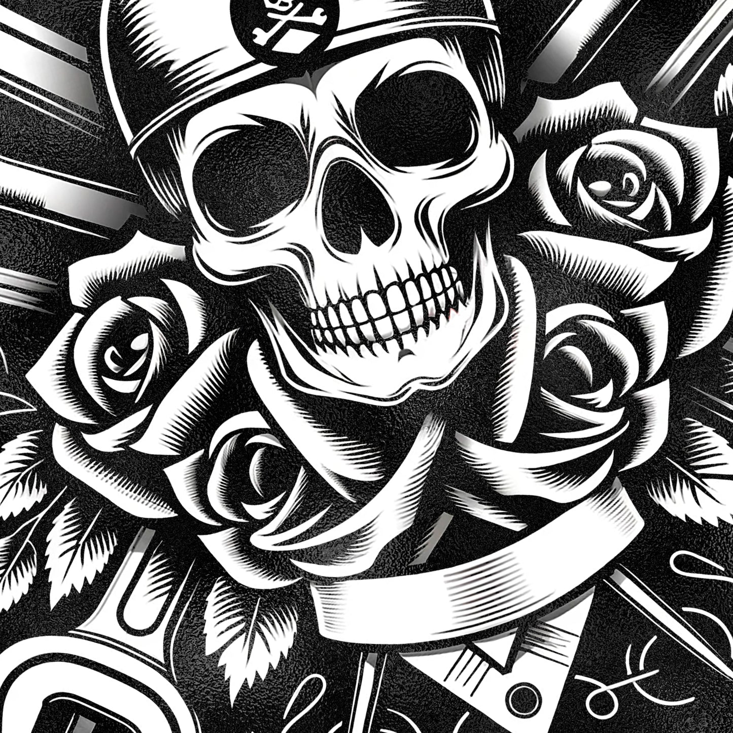 Personalised Motorcycle Workshop Metal Sign depicting skull and crossbones style graphic with mechanics tools Close 2