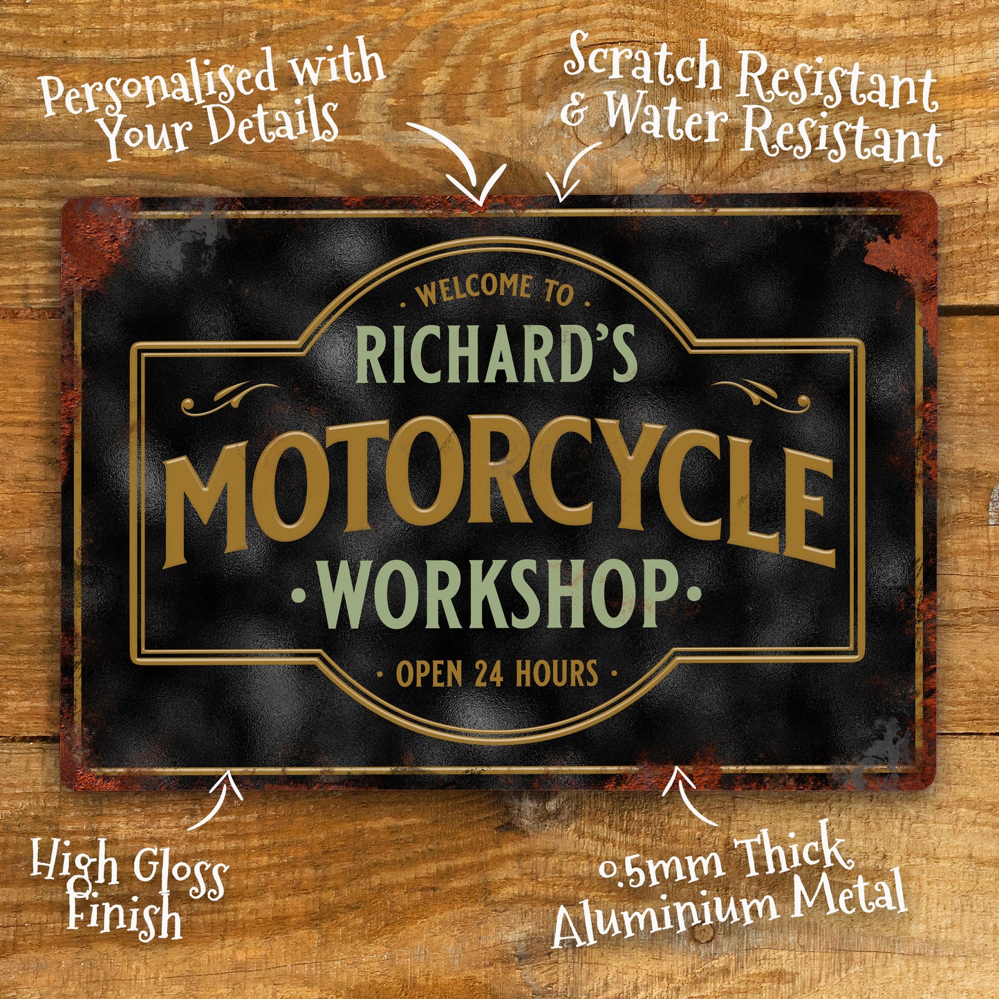 Personalised Motorcycle Workshop Sign Metal Man Cave Custom Sign 305 x 200mm