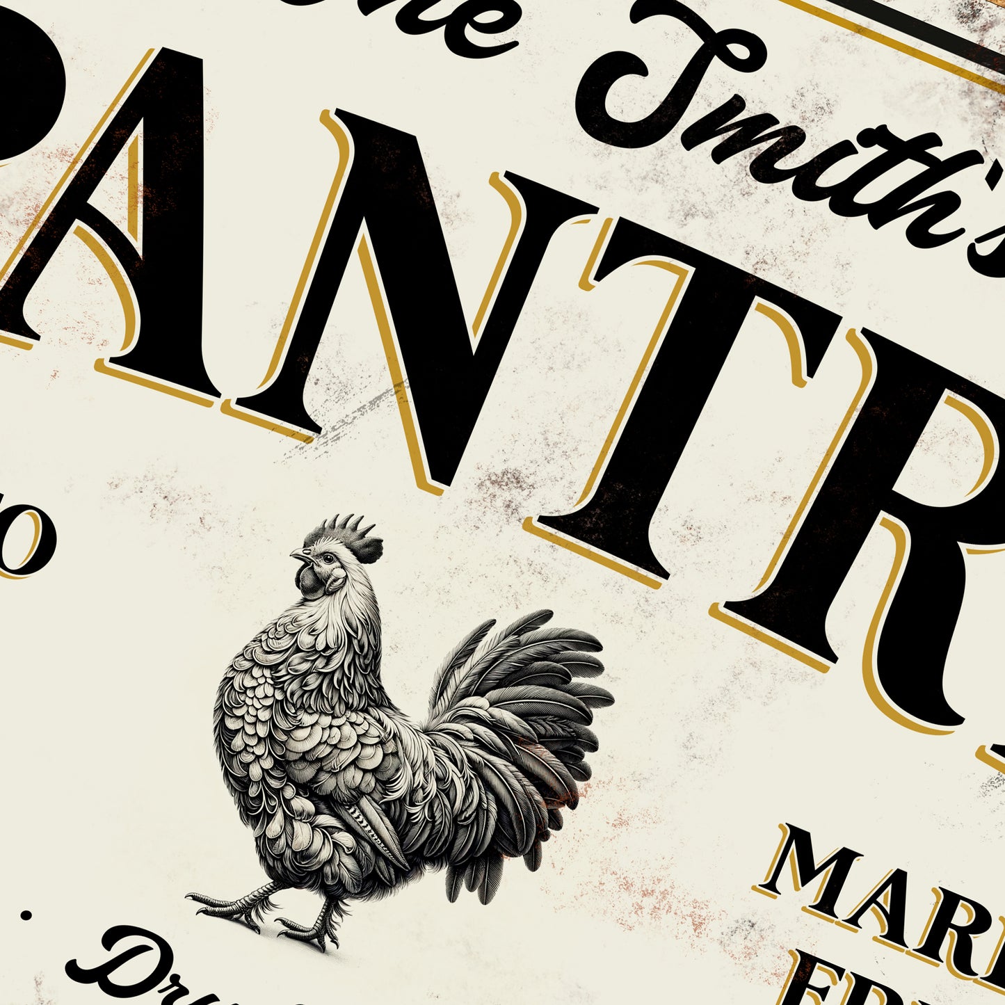 Personalised Pantry Kitchen Metal Sign, design in a victorian style with rusted effect close up picture 1