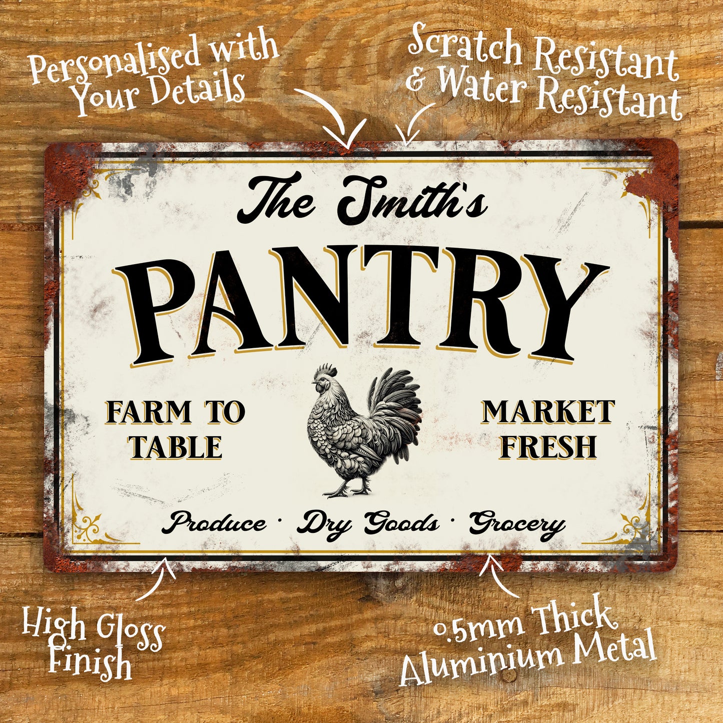 Personalised Pantry Kitchen Metal Sign, design in a victorian style with rusted effect showing measurement details