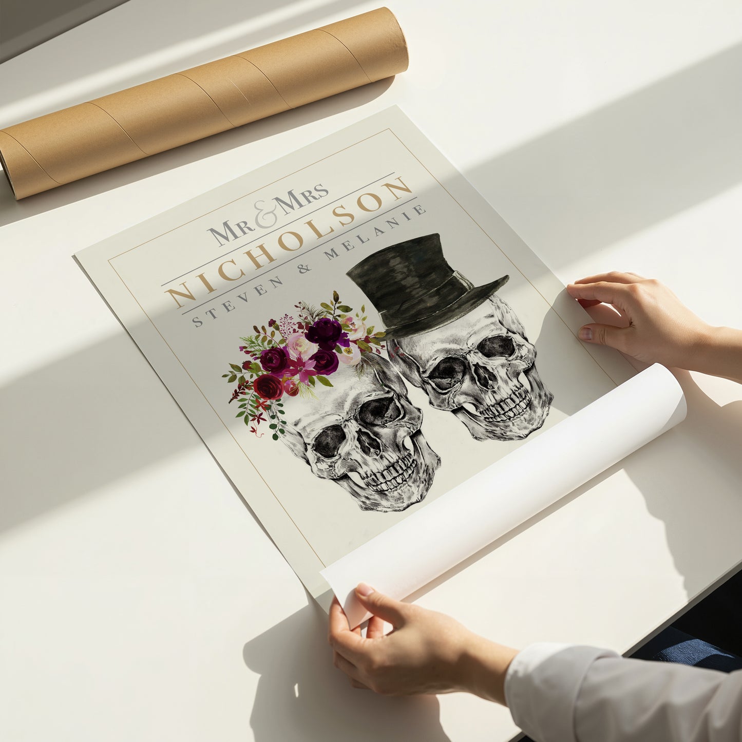 Personalised Skull Couple Wedding Print – Alternative Gothic Wall Art