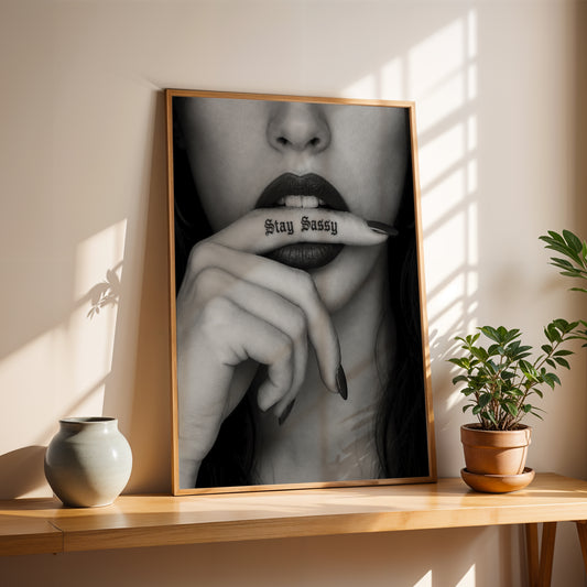 Stay Sassy Black White Wall Art Moody Feminine Poster Fashion Lips Print Edgy Bedroom Decor Modern Glam Artwork
