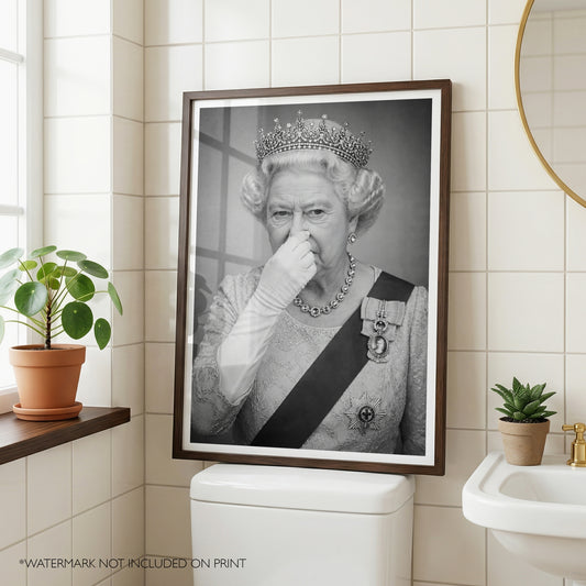 Funny Bathroom Wall Art Queen Holding Nose Print Toilet Humour Poster Vintage Black White Royal Loo Decor WC Wall Art Gift