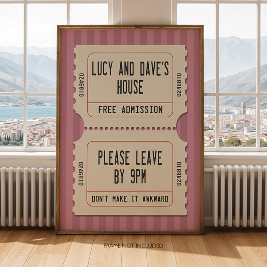 Personalised Funny House Print – Vintage Cinema Ticket Welcome Wall Art