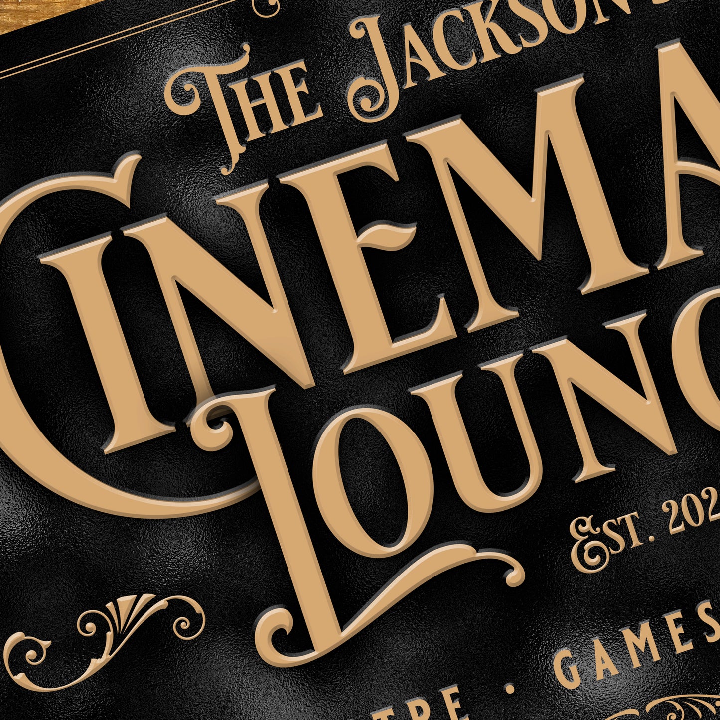 Personalised Home Cinema Sign printed on Aluminium Metal Close up view 1
