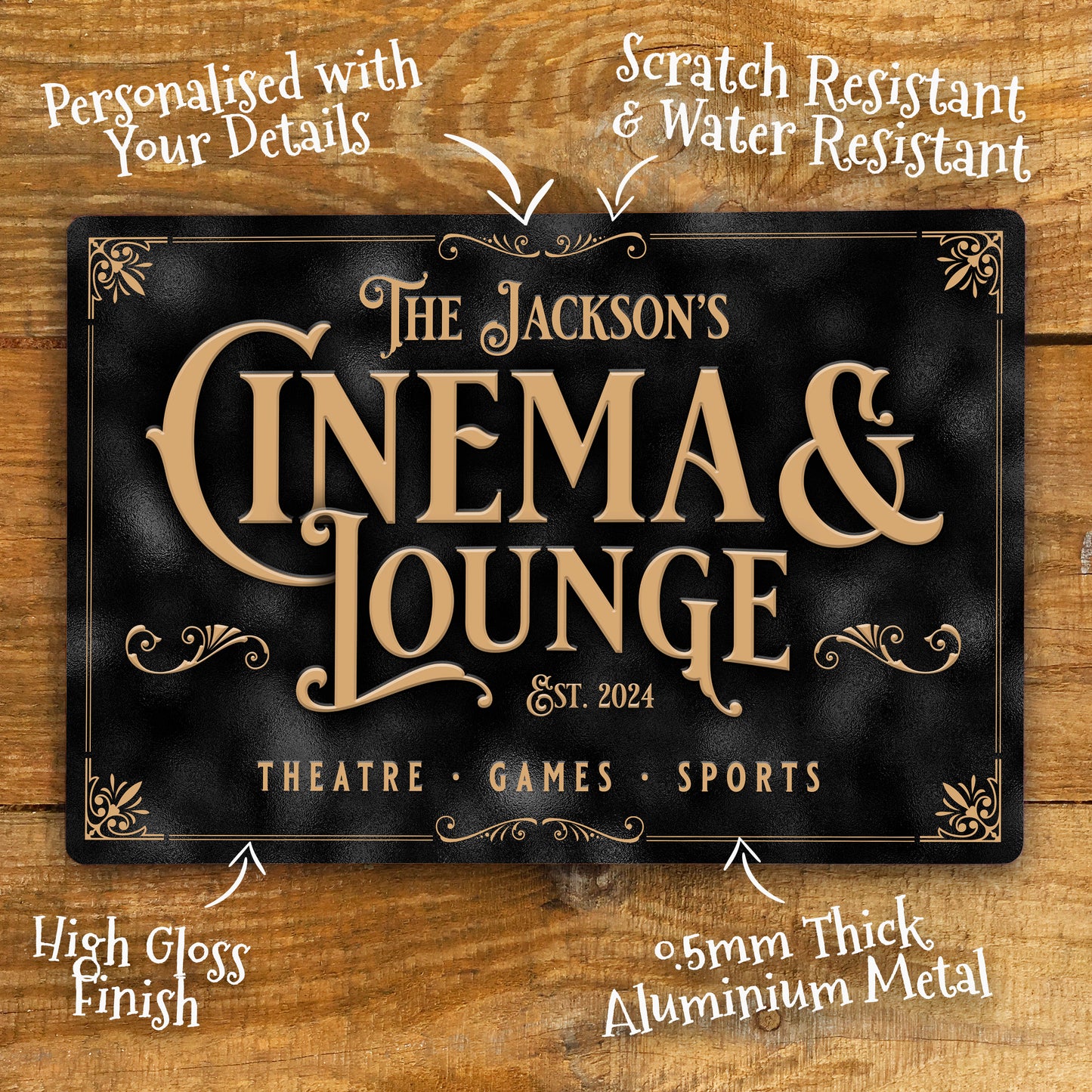 Personalised Home Cinema Sign printed on Aluminium Metal Image showing details