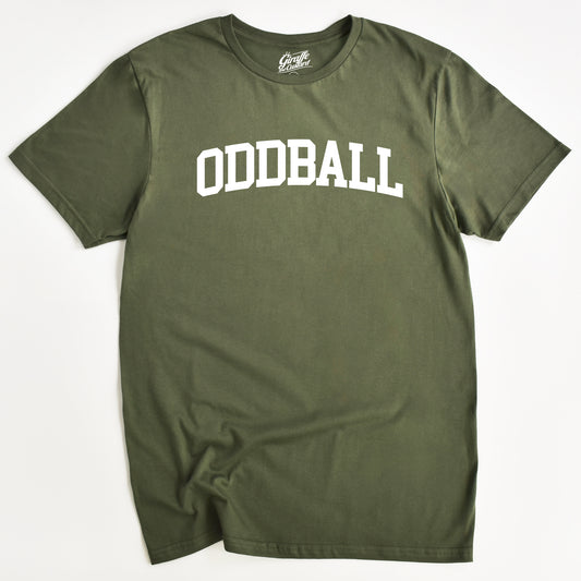 Green t-shirt with 'ODDBALL' printed on it against a white background