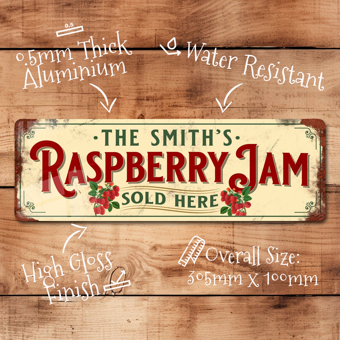Personalised Raspberry Jam Kitchen Sign Plaque Vintage Retro Shabby - 100x305mm