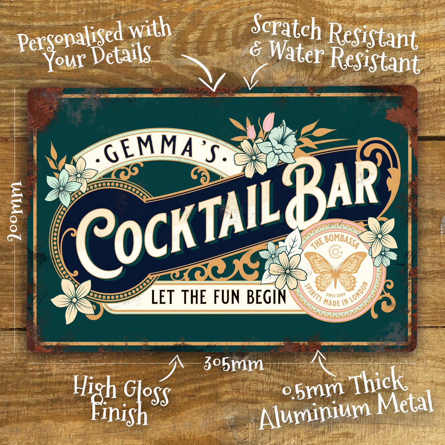 Personalised Cocktail Bar Home Pub Metal Door Wall Sign Vintage 200x305mm
