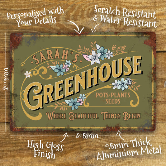 Personalised Greenhouse Garden Metal Door Wall Sign Vintage 200x305mm