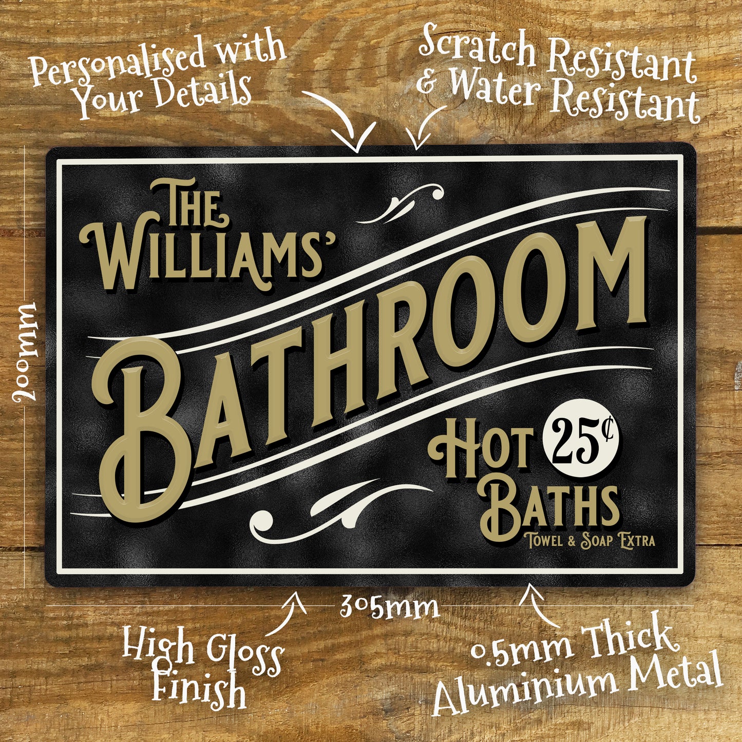 Vintage Retro personalised bathroom metal sign details