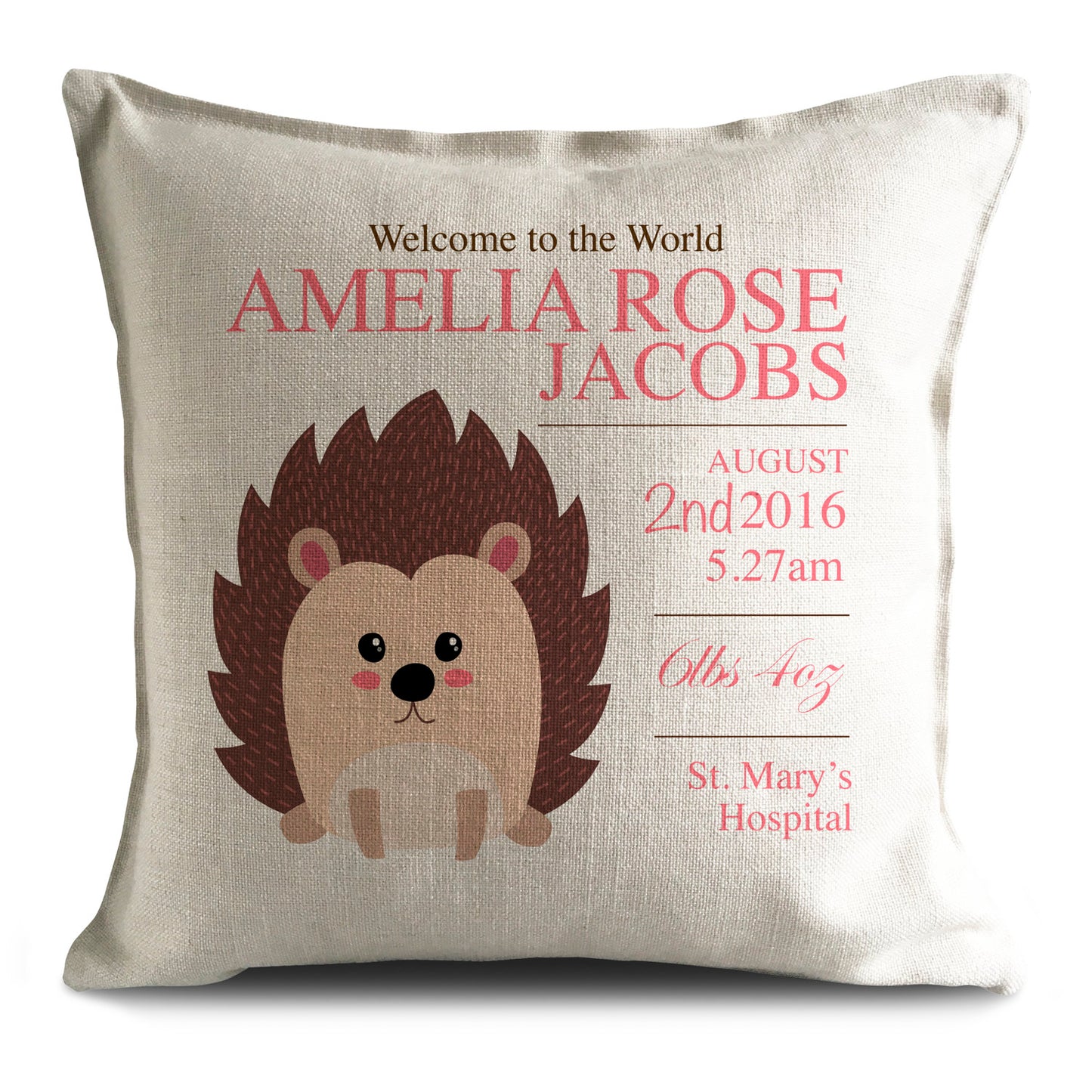 Personalised New Baby Cushion Pillow Cover Hedgehog 40cm 16"