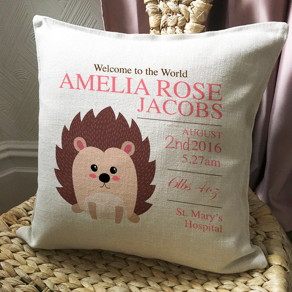 Personalised New Baby Cushion Pillow Cover Hedgehog 40cm 16"