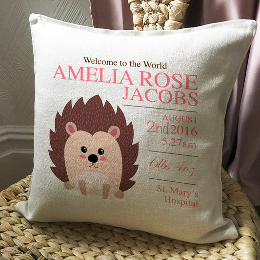 Personalised New Baby Cushion Pillow Cover Hedgehog 40cm 16"