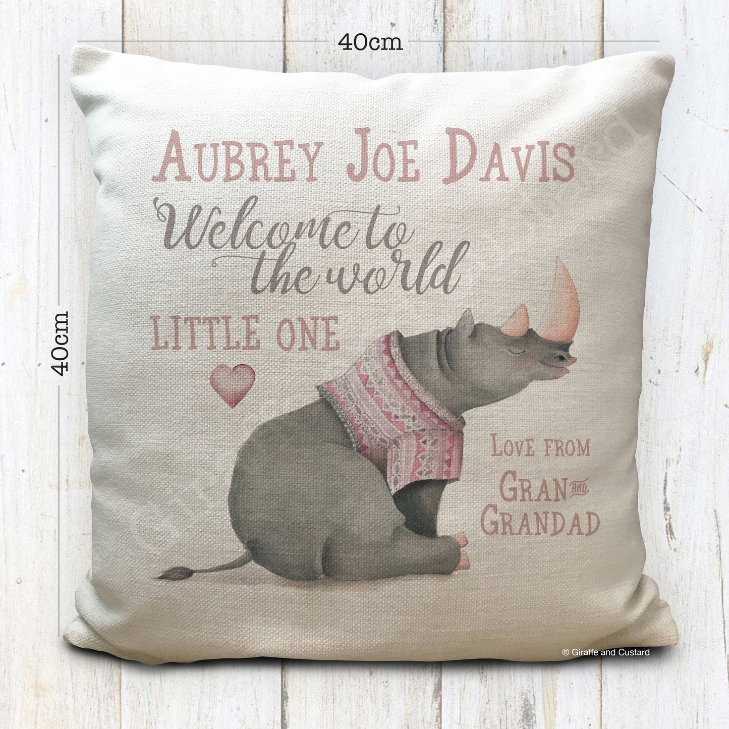 Personalised new baby christening birthday rhino cushion cover gift measurements