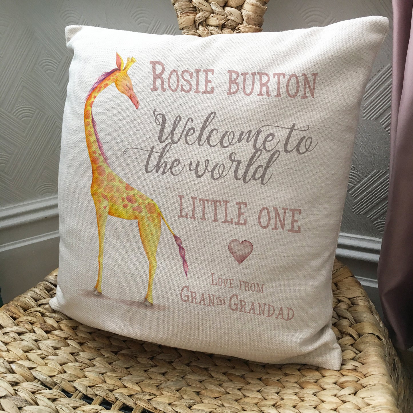 personalised new baby christening cushion cover giraffe design on chair
