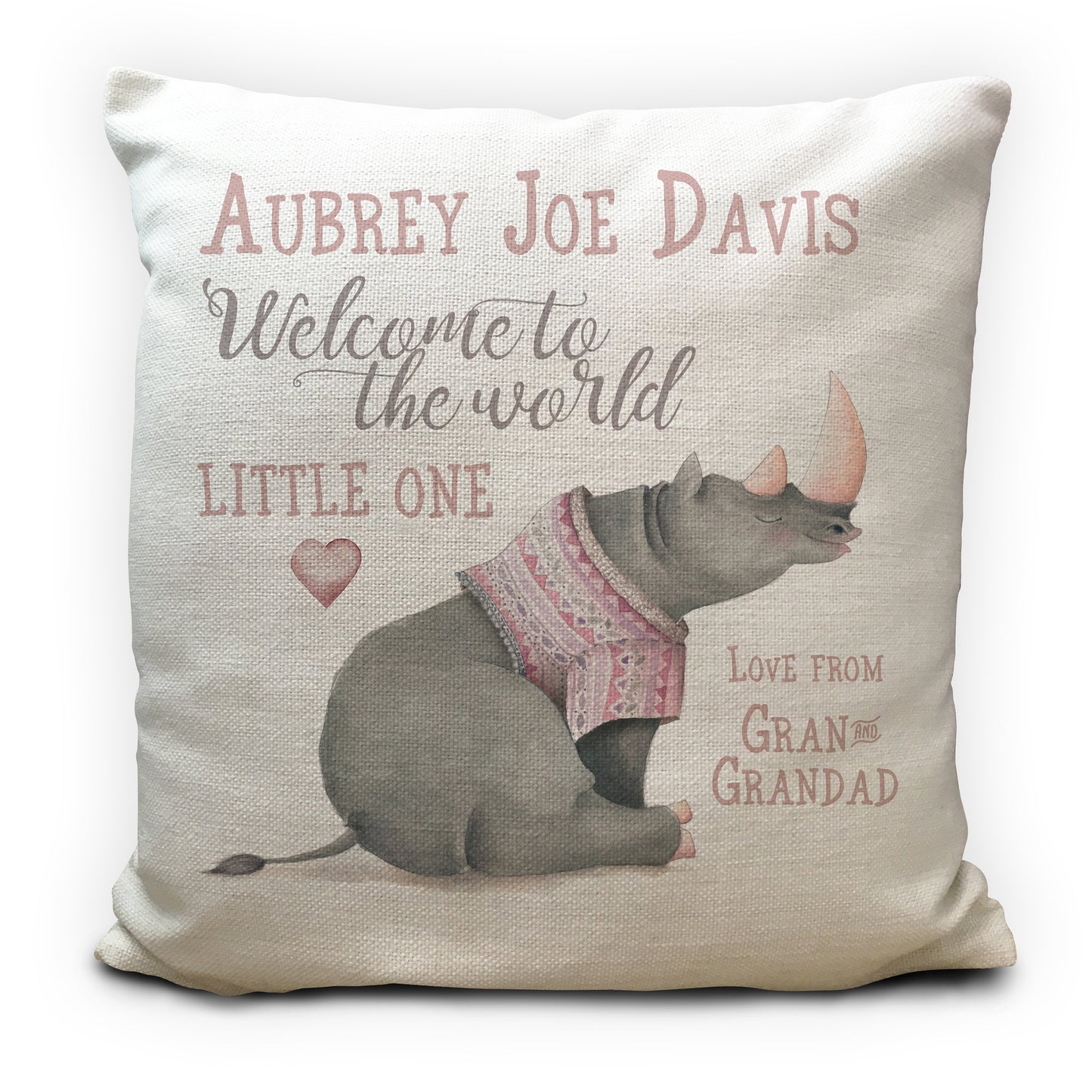 Personalised new baby christening birthday rhino cushion cover gift