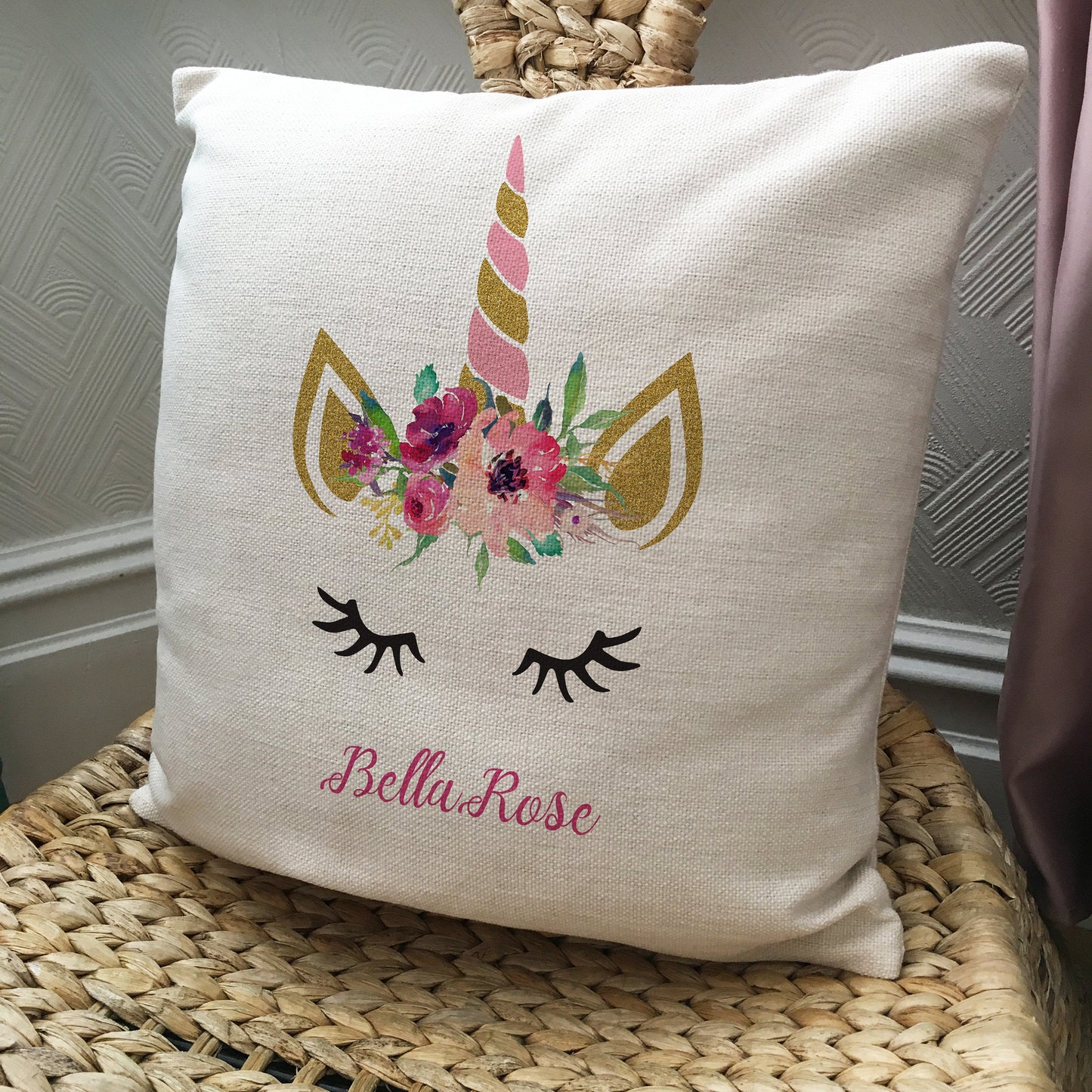 Personalised Unicorn Cushion Cover Floral Fantasy Illustration 16" 40cm