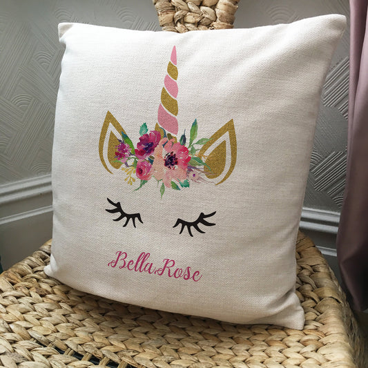 Personalised Unicorn Cushion Cover Floral Fantasy Illustration 16" 40cm