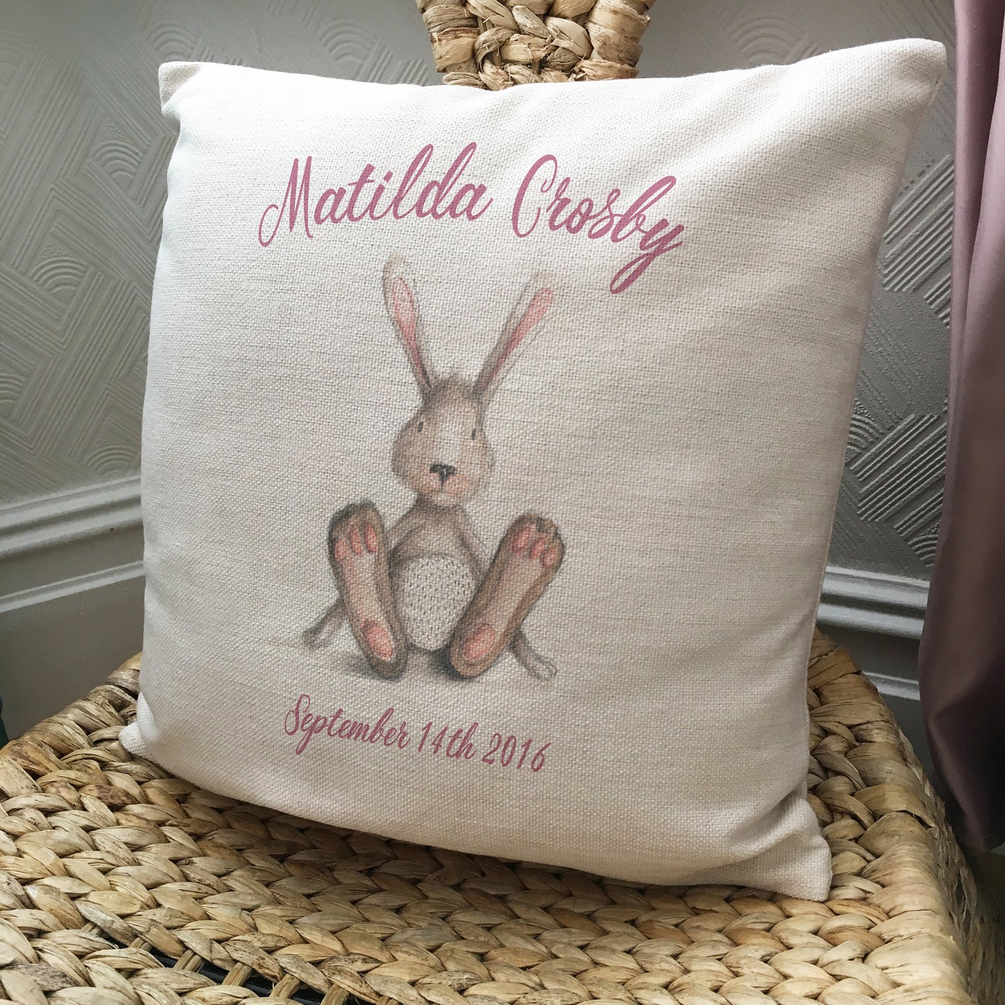 Personalised new baby christening birthday cushion cover gift bunny rabbit design on chair
