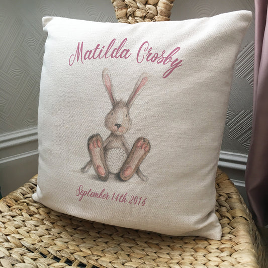 Personalised new baby christening birthday cushion cover gift bunny rabbit design on chair