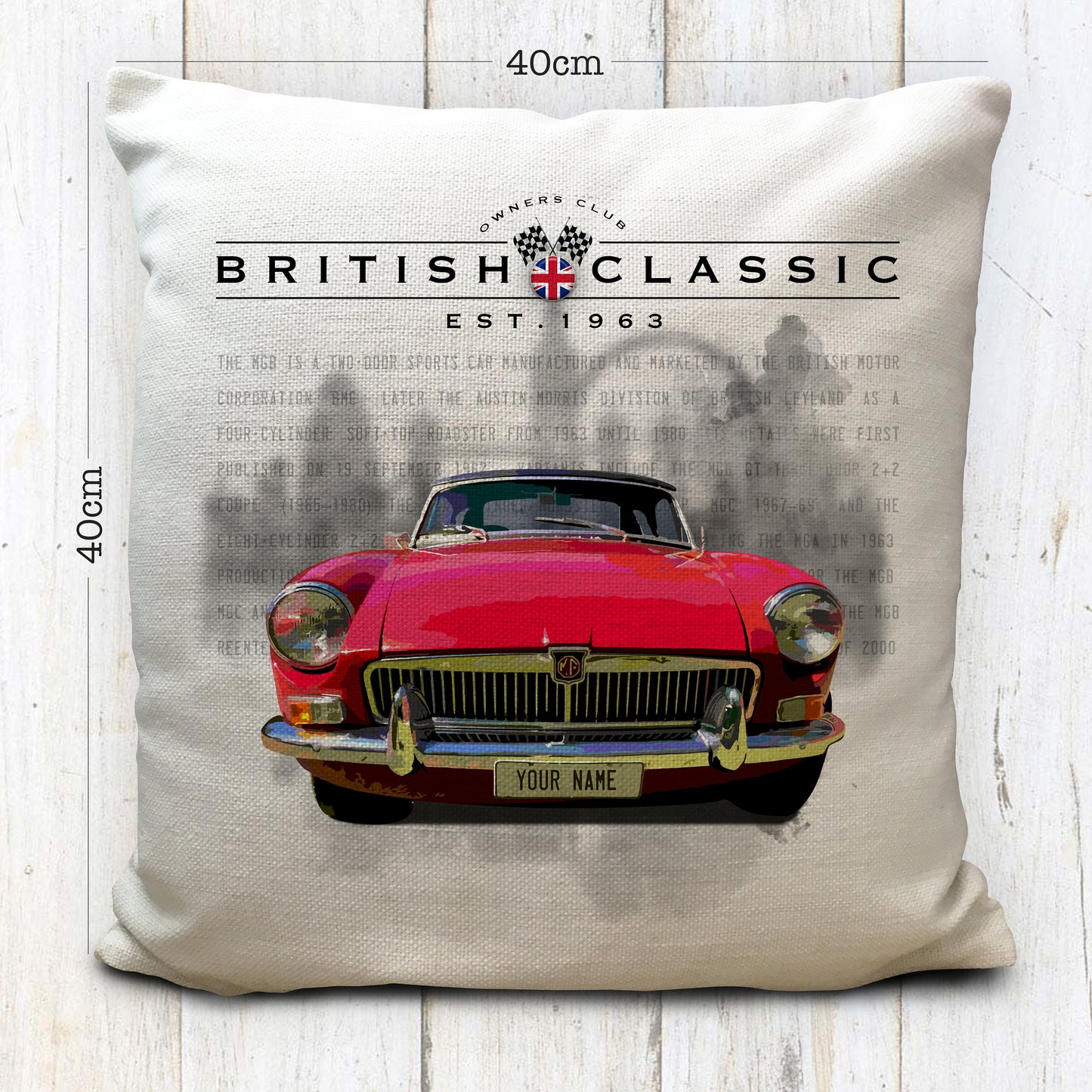 Personalised MGB British Classic Car Cushion Cover 16" 40cm