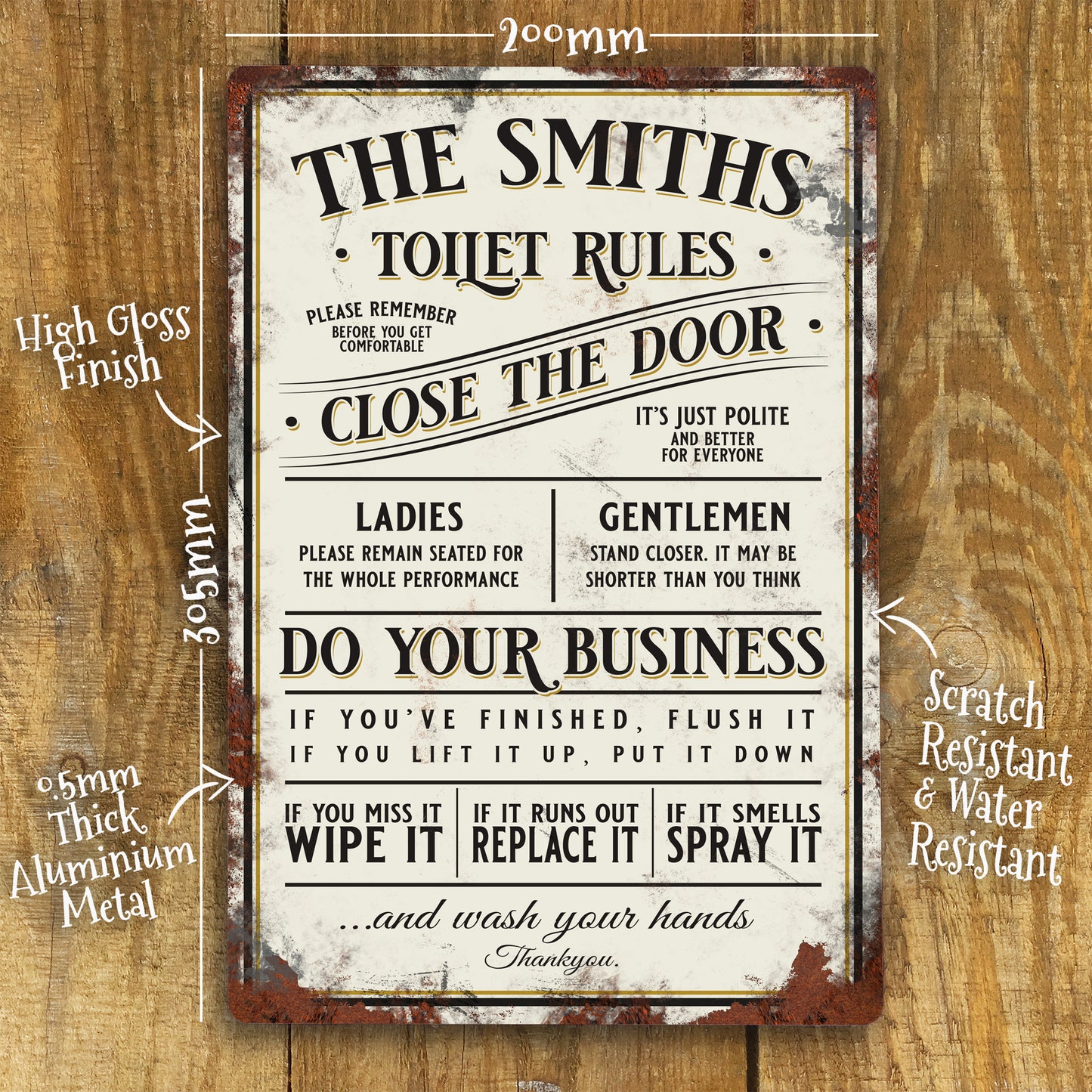 Personalised Toilet WC Rules Metal Door Wall Sign Vintage 200x305mm