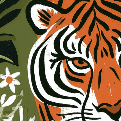 Tiger Wall Art Print, Jungle Animal Poster, Botanical Tiger Art, Folk Art Wildlife Decor, Maximalist Print, A4 A3 A2 A1