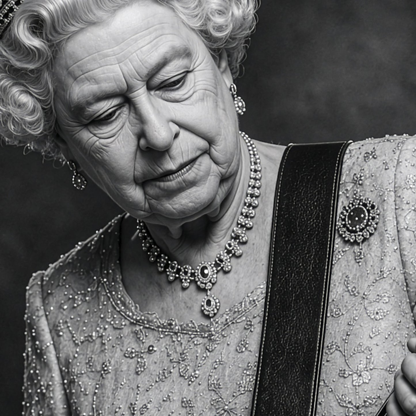 Queen Elizabeth II Guitar Print, Royal Rock Wall Art, British Music Poster, Black and White Queen Portrait, Alternative Royal Art