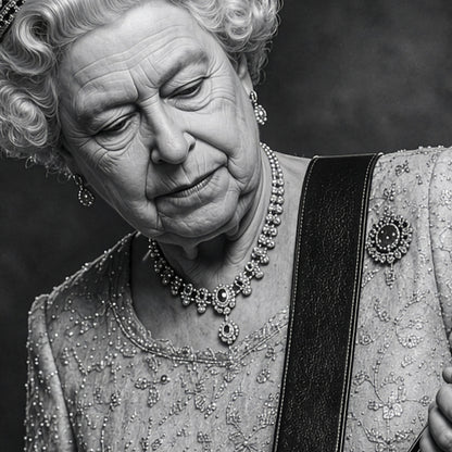 Queen Elizabeth II Guitar Print, Royal Rock Wall Art, British Music Poster, Black and White Queen Portrait, Alternative Royal Art