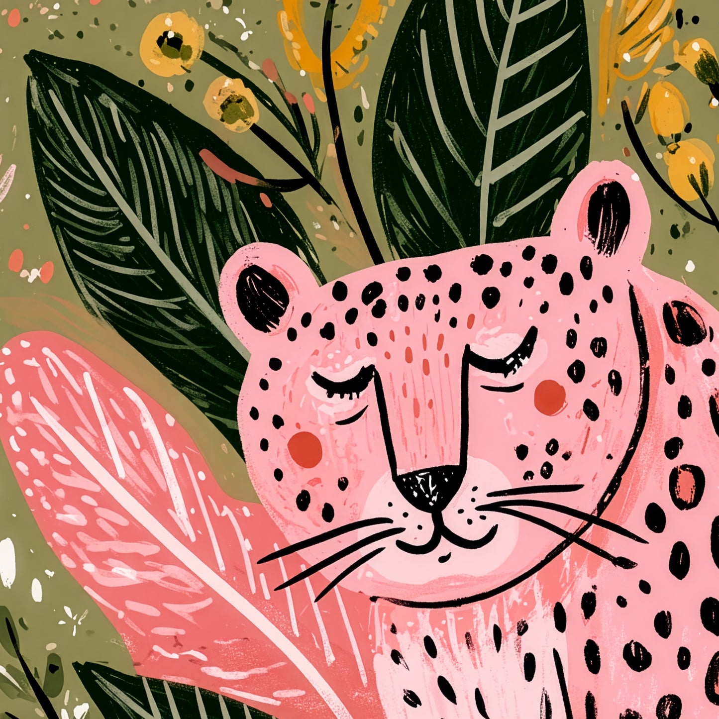 Pink Leopard Wall Art Print, Boho Jungle Animal Poster, Folk Art Botanical Decor, Maximalist Leopard Print, A4 A3 A2 A1