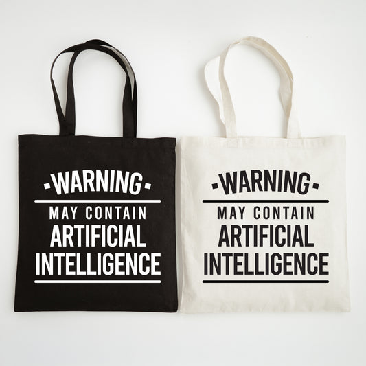 Two tote bags with 'Warning: May Contain Artificial Intelligence' text on a white background