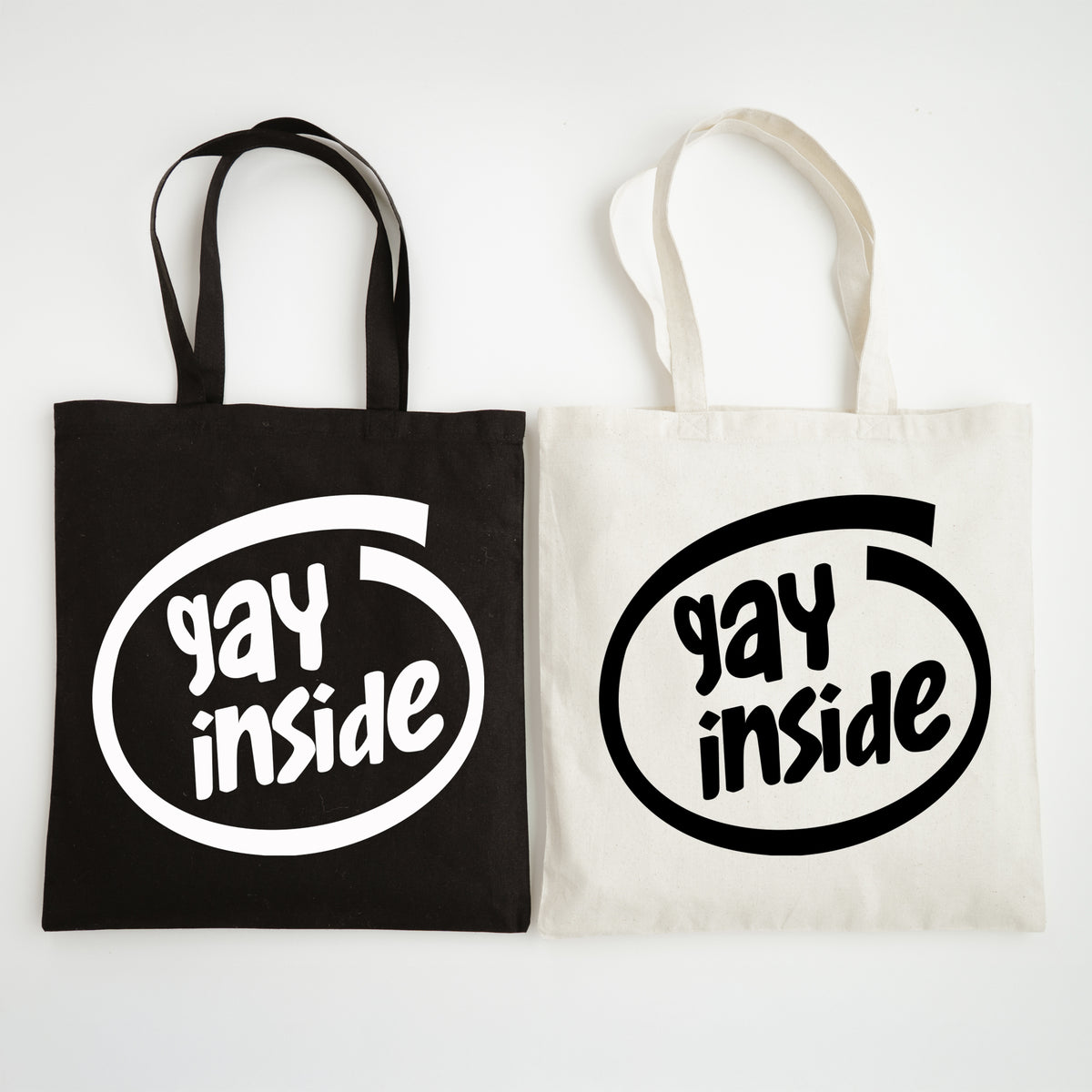 Black and Natural "Gay Inside" Slogan Tote Bags