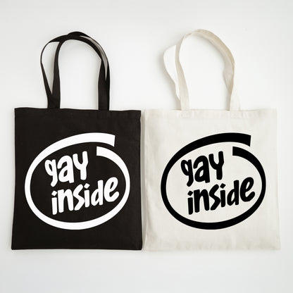 Black and Natural "Gay Inside" Slogan Tote Bags