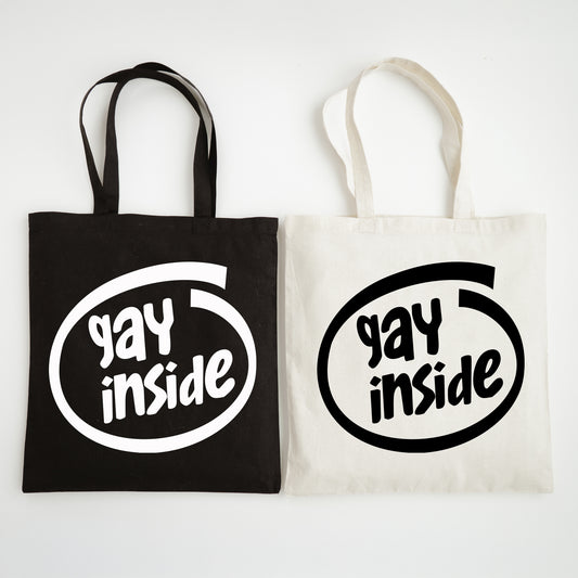 Black and Natural "Gay Inside" Slogan Tote Bags