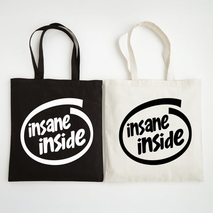 Funny Slogan Tote Bag – “Insane Inside” Computer Icon Shopping Bag