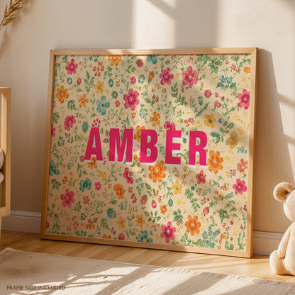 Personalised floral name print with bold pink name and colourful vintage wildflower background