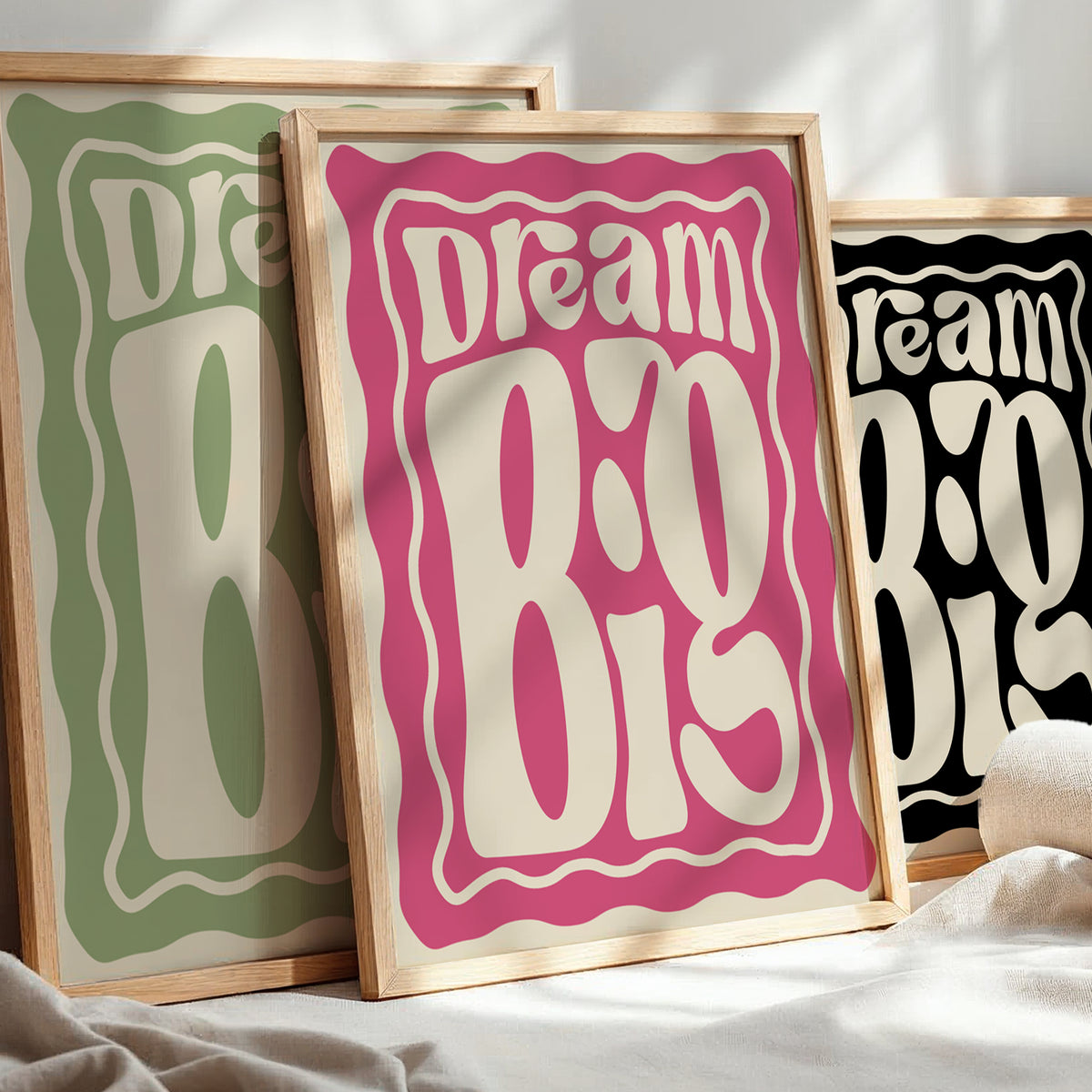 Dream Big positive motivational wall art print with retro typography available in pink, green and black