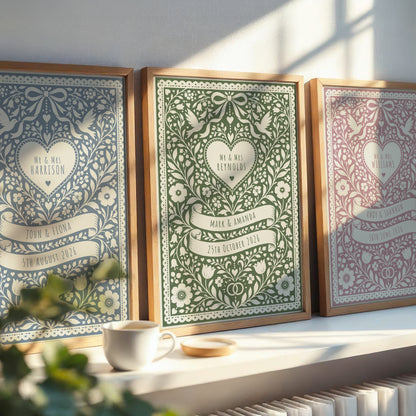 Personalised folk art wedding print with couple's names, wedding date, floral design, love birds and hearts
