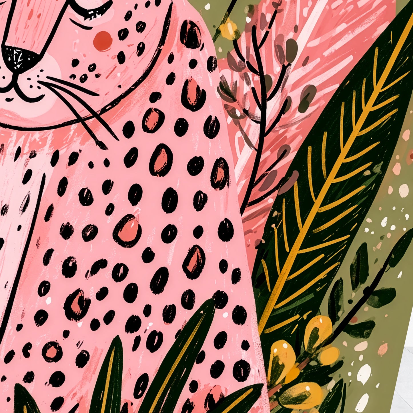 Pink Leopard Wall Art Print, Boho Jungle Animal Poster, Folk Art Botanical Decor, Maximalist Leopard Print, A4 A3 A2 A1