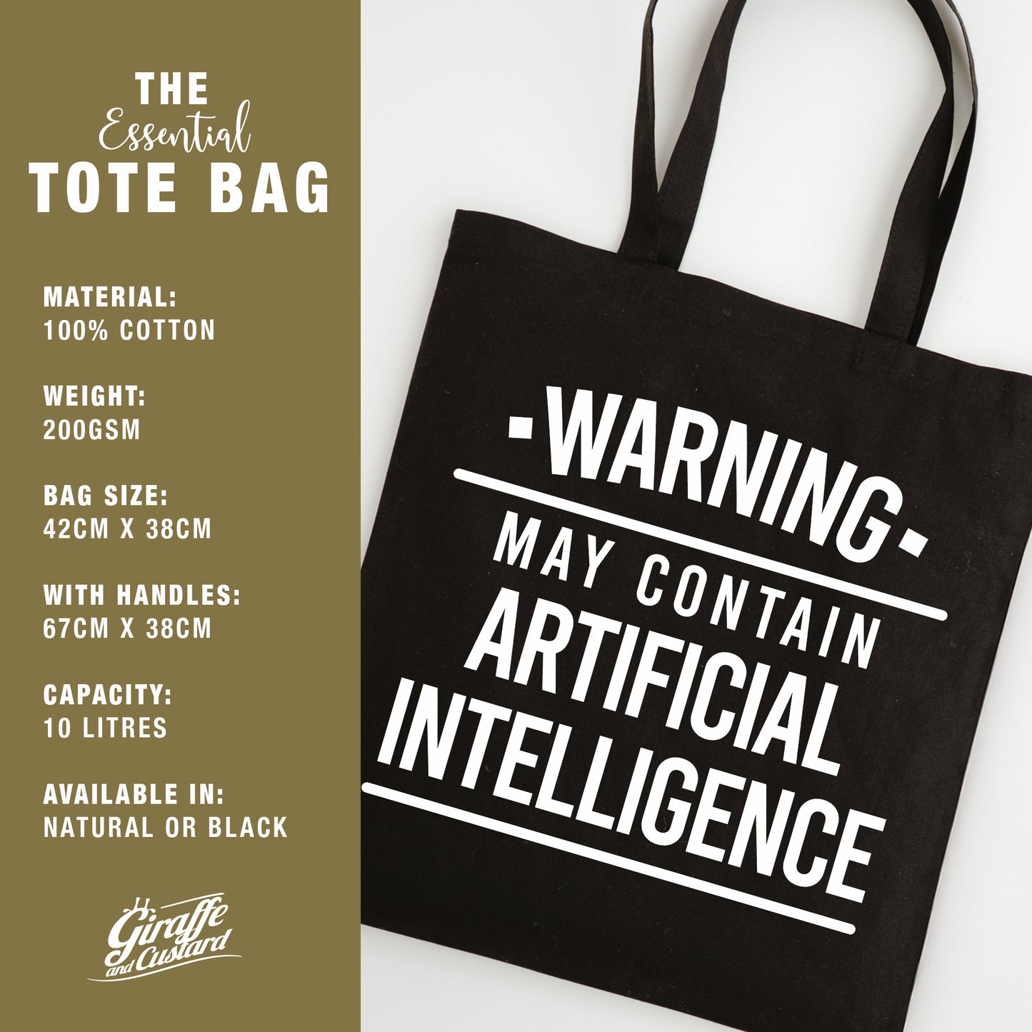 Funny Slogan Tote Bag – “Warning, May Contain Artificial Intelligence”